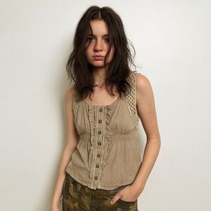 Y2K Love Culture Tank Top Womens Large Crochet Sleeveless Ruffle Trim Grunge‎